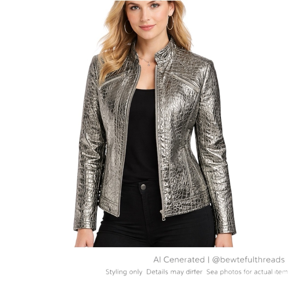 Chico’s Size 2 Silver Metallic Snake Print Moto Jacket | Zip Front